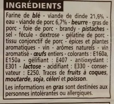 Lista de ingredientes del producto Pâté en croûte aux pistaches Casino 200 g