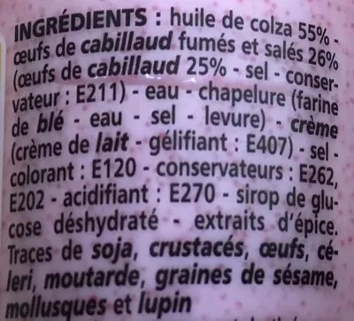 Lista de ingredientes del producto Tarama aux oeufs de cabillaud fumés Casino 100 g