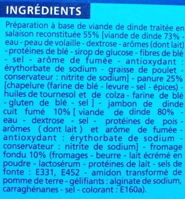 Lista de ingredientes del producto Cordons bleus de dinde Casino 400 g