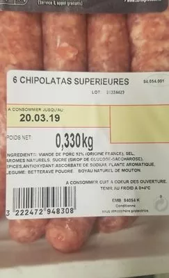 Lista de ingredientes del producto Chipolatas Supérieures Casino 330 g