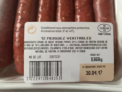 Lista de ingredientes del producto Véritables Merguez Casino 