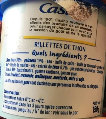 Lista de ingredientes del producto Rillettes de thon Casino 150 g