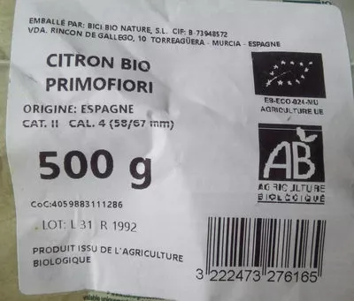 Lista de ingredientes del producto Citron jaune bio sachet Casino bio 500 g