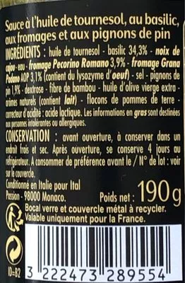 Lista de ingredientes del producto Sauce Pesto alla Genovese Casino Délices, Casino 190 g