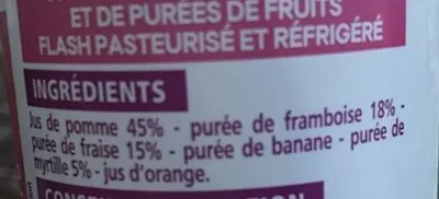 Lista de ingredientes del producto Juste Plaisir Smoothie Framboise Fraise Myrtille Flash pasteurisé Casino 250 ml