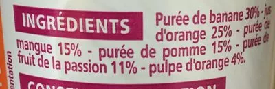 Lista de ingredientes del producto Juste Plaisir Smoothie Banane Mangue Passion flash pasteurisé Casino 250 ml