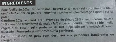 Lista de ingredientes del producto 4 Entrées Feuilletées Epinards Chèvre Casino 4 x 100 g