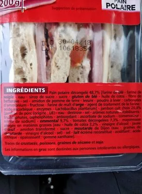 Lista de ingredientes del producto Sandwich Jambon Emmental Tomate Pain Polaire Maxi Casino 200 g