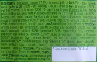 Lista de ingredientes del producto Sandwich Poulet rôti Wassila 125 g