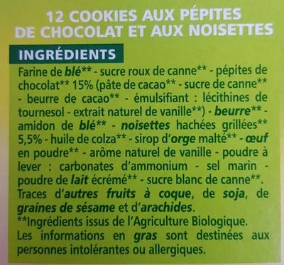 Lista de ingredientes del producto Cookies Noisettes & Chocolat Casino bio 175 g