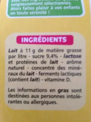 Lista de ingredientes del producto Yaourt à boire aromatisés vanille Les Doodingues 720 g (4 x 180 g)