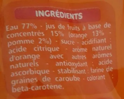 Lista de ingredientes del producto Boisson Orange - teneur en fruits 15% Les Doodingues 6 x 20 cl