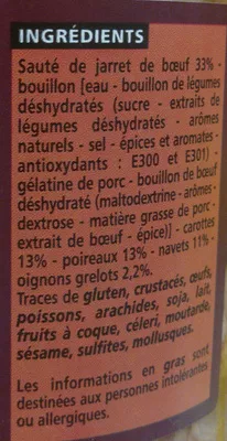 Lista de ingredientes del producto Pot-au-feu boeuf et légumes de jardin Casino 800 g