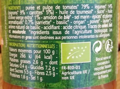 Lista de ingredientes del producto Sauce Tomates à la provençale BIO Casino Bio, Casino 200 g