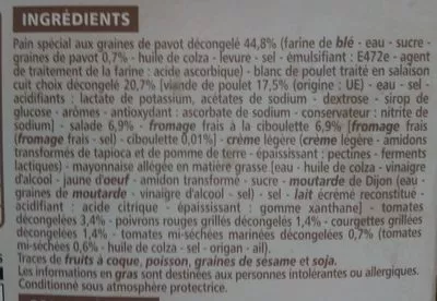 Lista de ingredientes del producto bagel poulet crudités sauce fromage frais ciboulette Casino 145 g