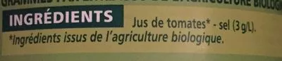 Lista de ingredientes del producto 100% Pur Jus Tomate salé à 3g/L Casino 75 cl