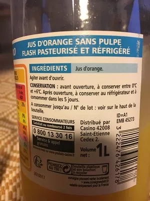 Lista de ingredientes del producto Jus d'Orange sans pulpe - flah pasteurisé Casino 1 l