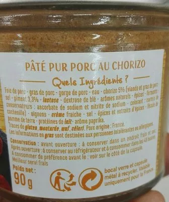 Lista de ingredientes del producto Pâté au chorizo (apéro) Casino 90 g