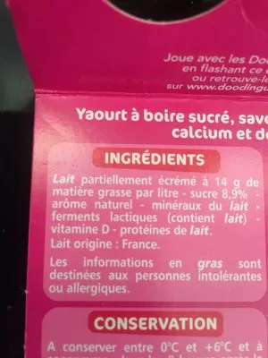 Lista de ingredientes del producto Yaourts à boire aromatisés framboise Les Doodingues 4 x 180 g