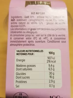 Lista de ingredientes del producto Riz au lait Méchamment Bon 100 g