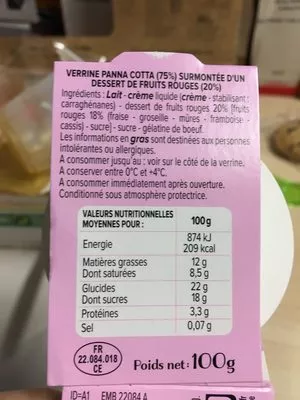 Lista de ingredientes del producto Panna cotta fruits rouges Méchamment Bon 100 g