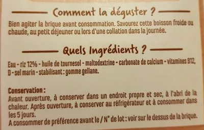 Lista de ingredientes del producto Boisson végétale Riz Casino 1 l