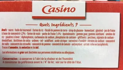 Lista de ingredientes del producto Cake goût Fraise sans gluten Casino 210 g