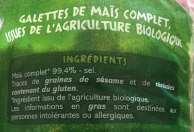 Lista de ingredientes del producto Galettes de maïs complet Bio Casino bio 100 g