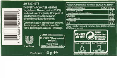 Lista de ingredientes del producto Lipton Thé Vert Marrakech Mint 20 Sachets lipton, unilever 40 g