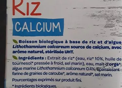 Lista de ingredientes del producto Boisson riz calcium Bjorg 1 L