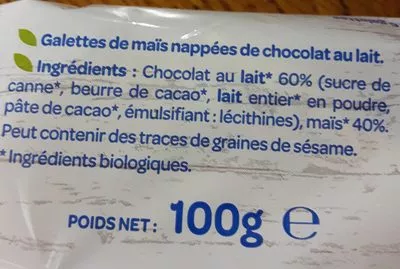 Lista de ingredientes del producto Galettes maïs chocolat lait Bjorg 