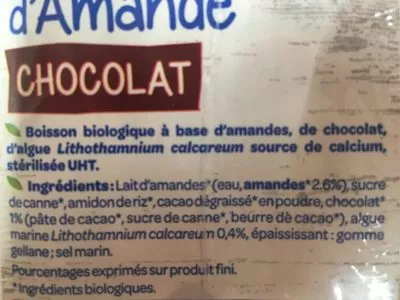 Lista de ingredientes del producto Lait d'amande chocolat Bjorg 