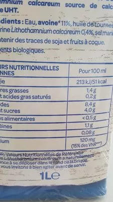 Lista de ingredientes del producto Avoine calcium Bjorg 2 L (2x1L)