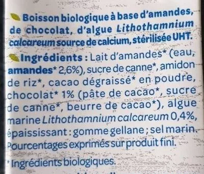 Lista de ingredientes del producto Lait d'amande chocolat Bjorg 