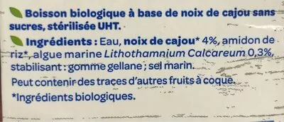 Lista de ingredientes del producto Lait de noix de cajou Bjorg 1 L