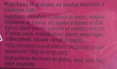 Lista de ingredientes del producto Wings party indien (400g) Maître Coq 400 g