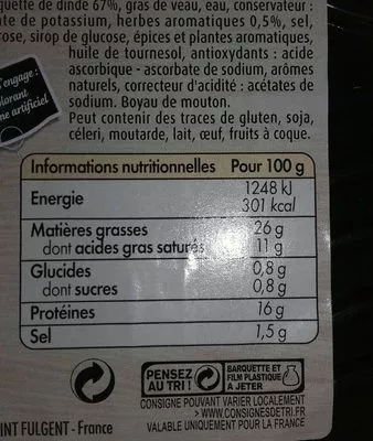 Lista de ingredientes del producto 4 saucisses de volaille façon charcutière aux herbes Maître Coq 320 g