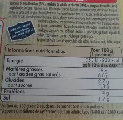 Lista de ingredientes del producto Assortiment de saucisses de volaille Maître Coq 600 g