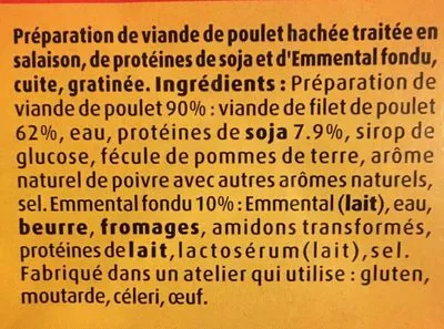 Lista de ingredientes del producto Haché de poulet gratiné Maître Coq 180 g