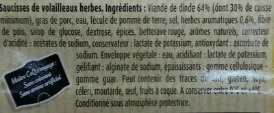 Lista de ingredientes del producto 20 saucisses de volailles aux herbes Maître Coq 1000 g