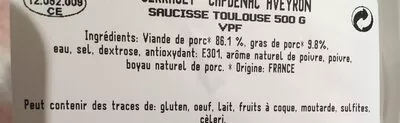 Lista de ingredientes del producto Saucisse de Toulouse VPF Serrault 