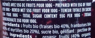 Lista de ingredientes del producto Confiture de Fraise, Framboise et Myrtille Albert Ménès 230 g