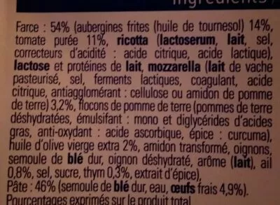 Lista de ingredientes del producto Demi-Lune, Aubergine Mozzarella aux œufs frais Lustucru, Lustucru Sélection 250 g (2-3 Pers.)