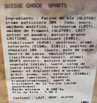 Lista de ingredientes del producto Suisse choco Leclerc Mazamet 