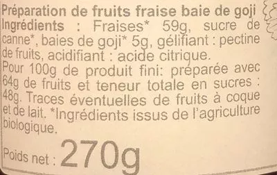 Lista de ingredientes del producto Confiture Fraise baie de goji Les Petites Parisiennes 