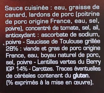 Lista de ingredientes del producto Saucisse de Toulouse aux Lentilles Vertes du Berry La Belle Chaurienne 300 g