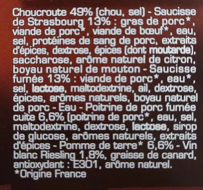 Lista de ingredientes del producto Choucroute garnie cuisinée au riesling La Belle Chaurienne 300 g