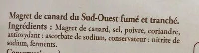 Lista de ingredientes del producto Magret de canard du Sud-Ouest fumé Reflets de France 90 g