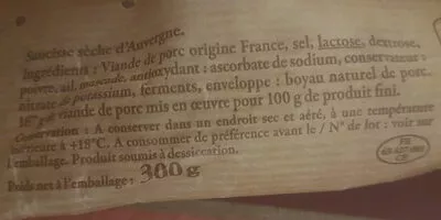 Lista de ingredientes del producto Saucisse sèche d'Auvergne Reflets de France 300 g