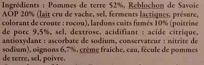 Lista de ingredientes del producto Tartiflette au reblochon de savoie label rouge Reflets de France,  Carrefour 300 g